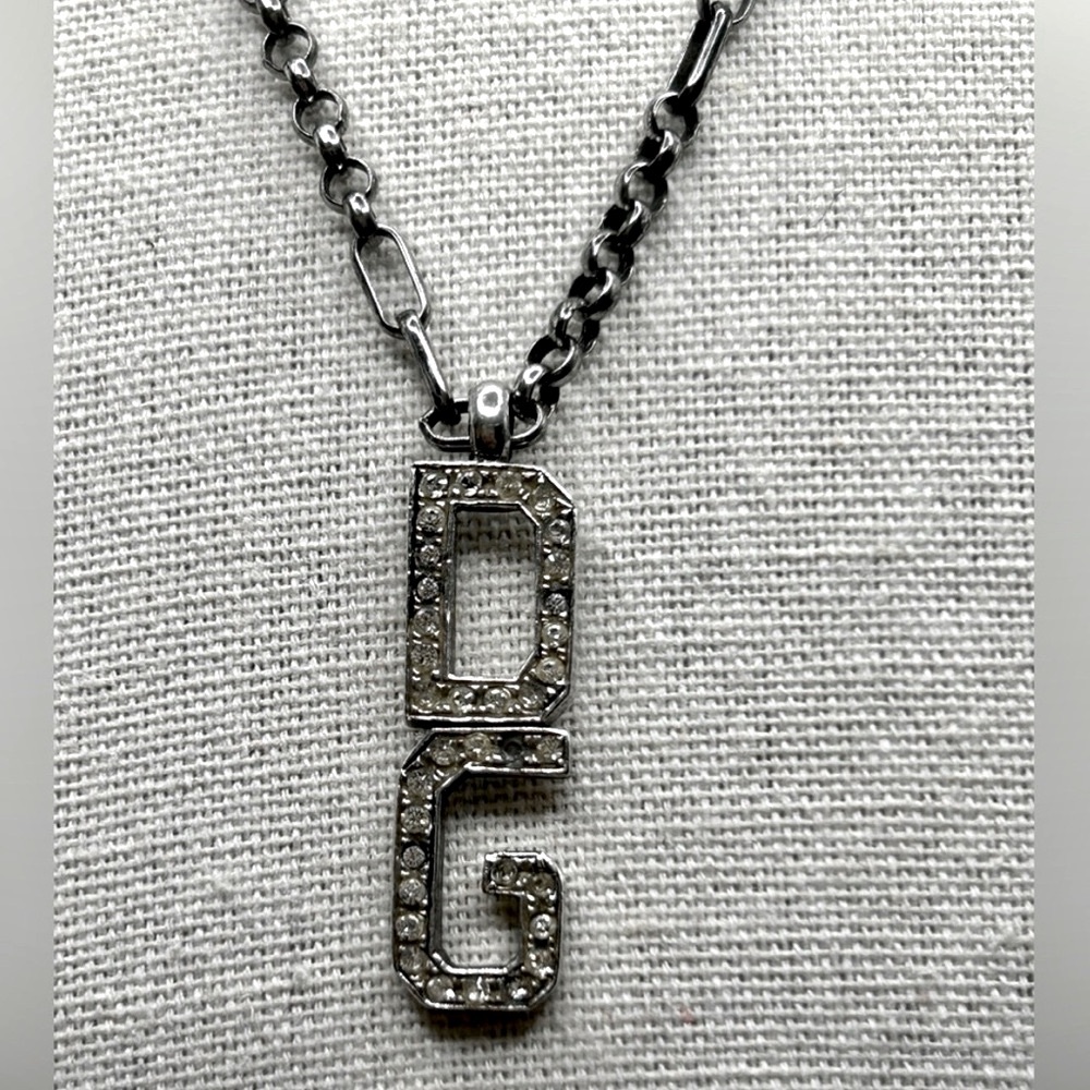 DOLCE & GABBANA Vintage Logo Rhinestone Detail Silver Pendant Necklace